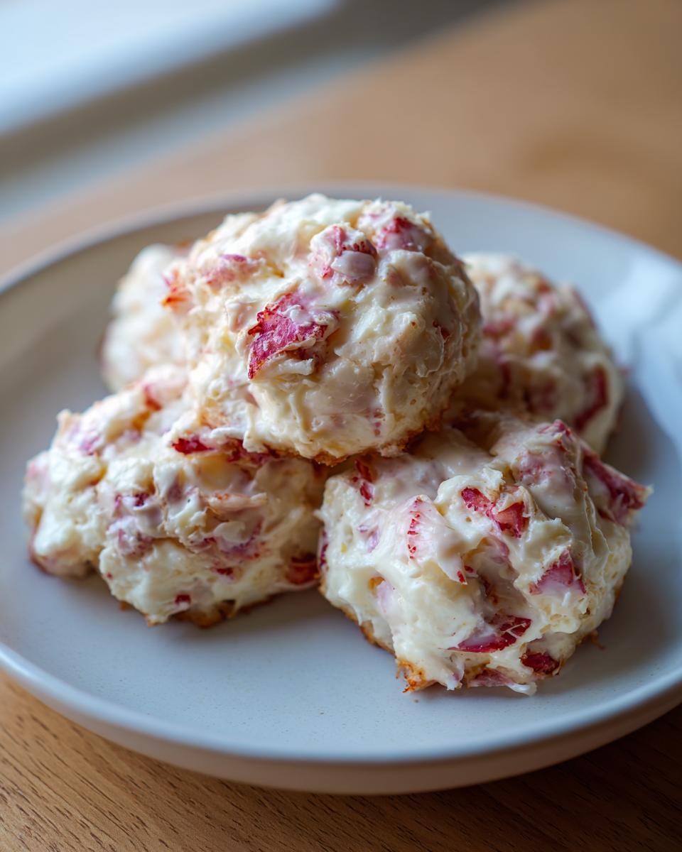 Close-up of three freshly made lobster crab butter bombs, creamy white with visible chunks of pink/red seafood mixed in, served on a light gray plate.