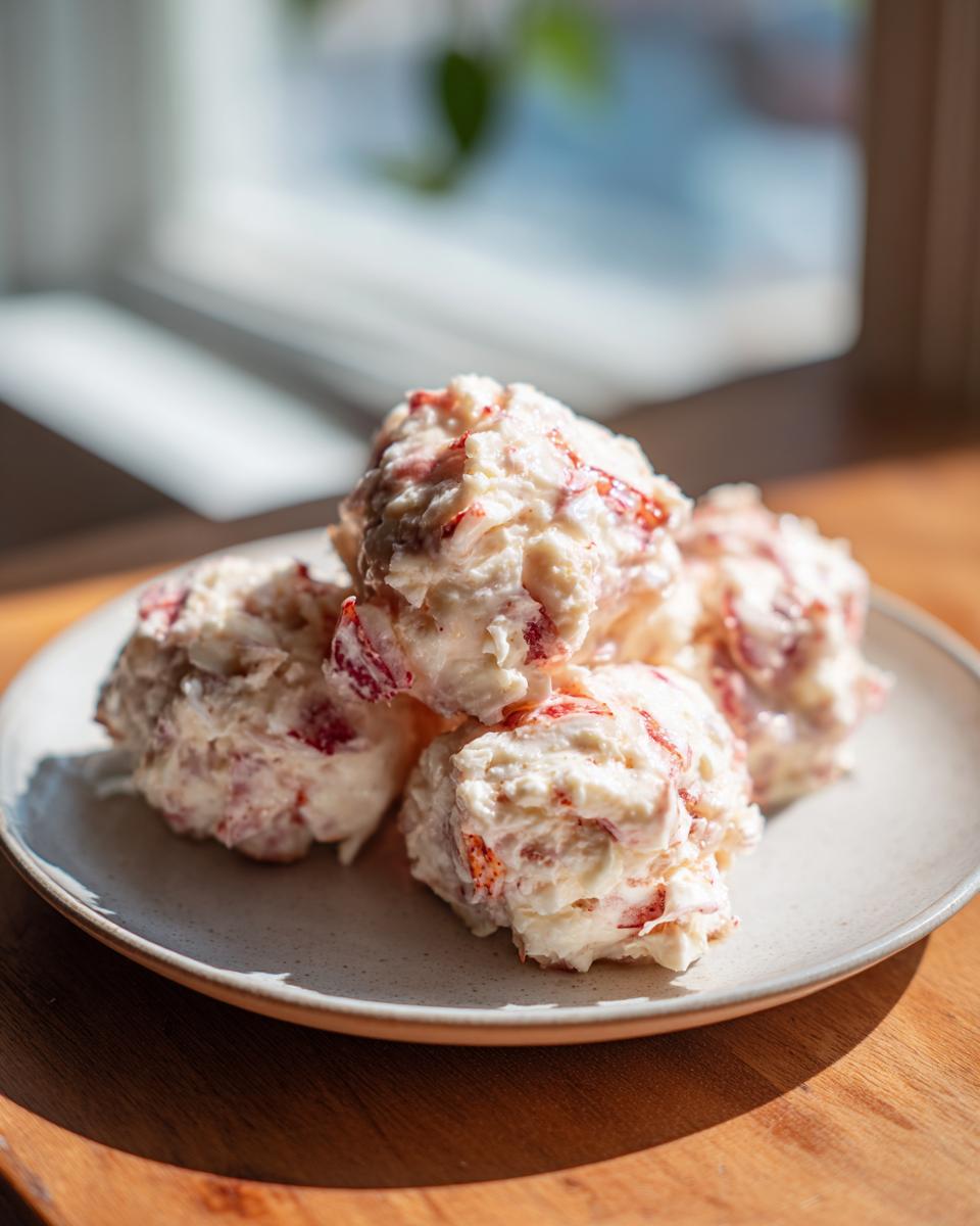 A small stack of four creamy lobster crab butter bombs mixed with red seafood pieces, resting on a light gray plate.
