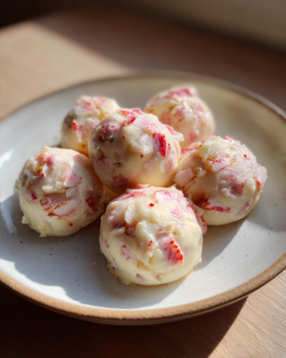 Five scoops of creamy lobster crab butter bombs mixed with visible pink crab pieces, resting on a light ceramic plate.
