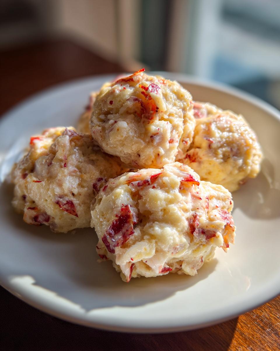 Close-up of several uncooked lobster crab butter bombs mixture scooped onto a white plate, showing flecks of red seafood.