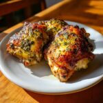 Three golden brown, crispy marinated chicken thighs seasoned with green herbs, resting on a white plate.