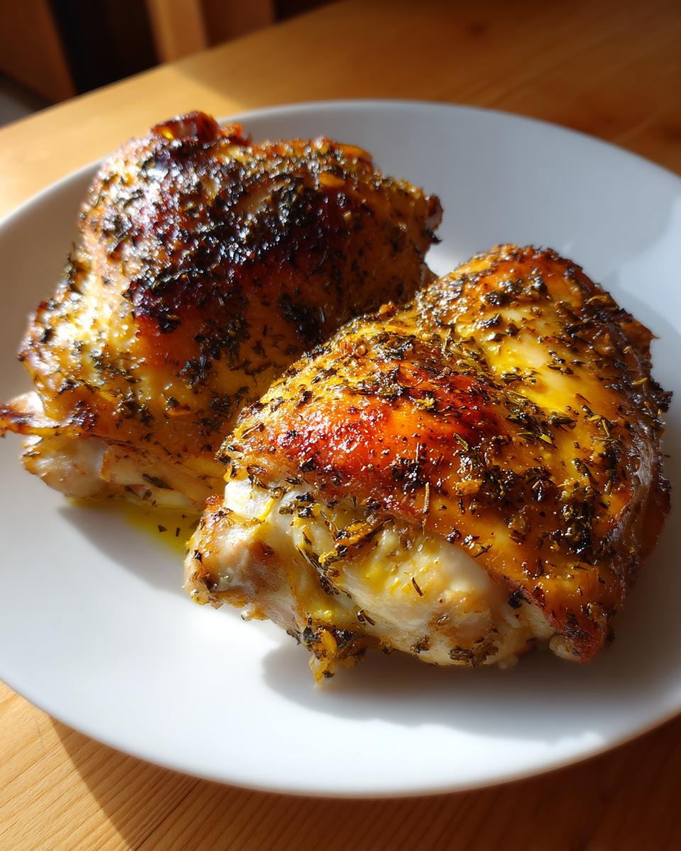 Two golden brown, herb-crusted marinated chicken thighs resting on a white plate.