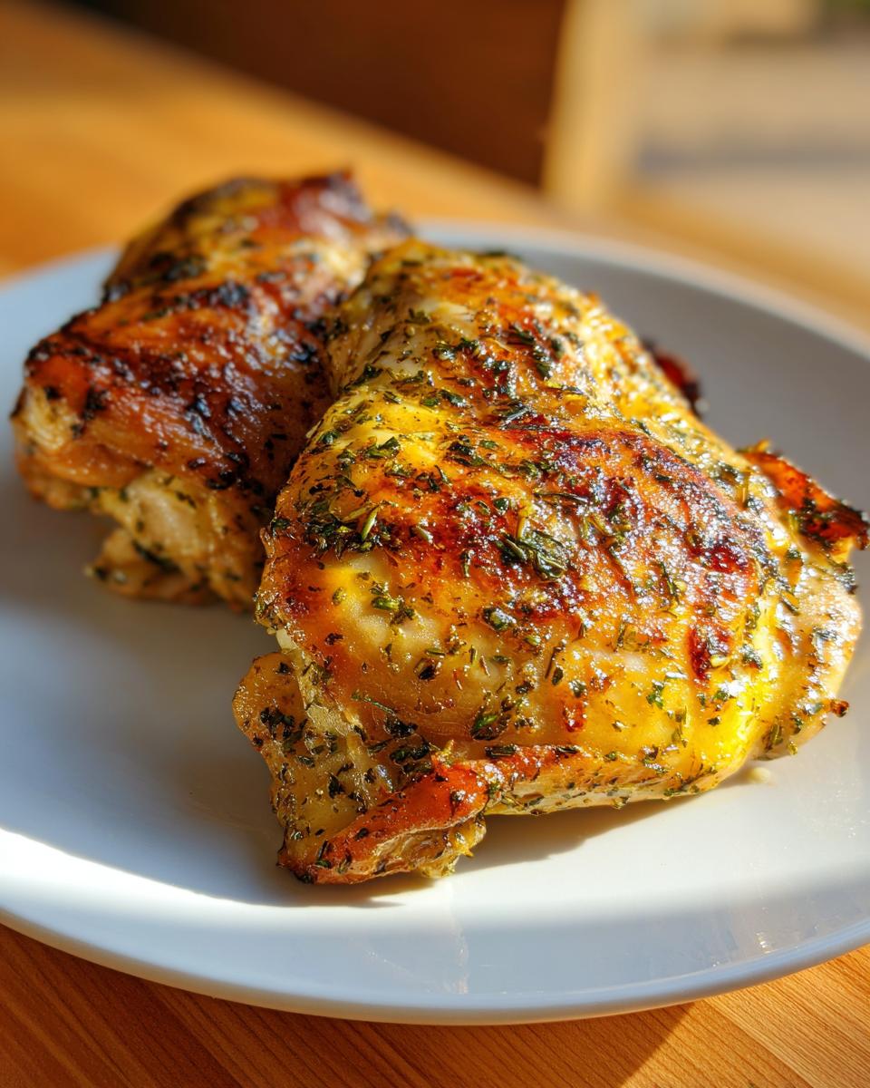Close-up of two golden-brown marinated chicken thighs seasoned with visible green herbs, resting on a white plate.