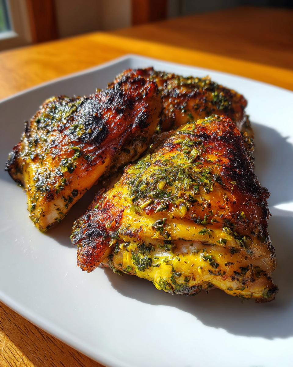 Three perfectly cooked, golden brown marinated chicken thighs seasoned with green herbs, resting on a white plate.