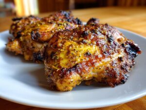 Close-up of two juicy, grilled marinated chicken thighs with a golden-brown, caramelized glaze.