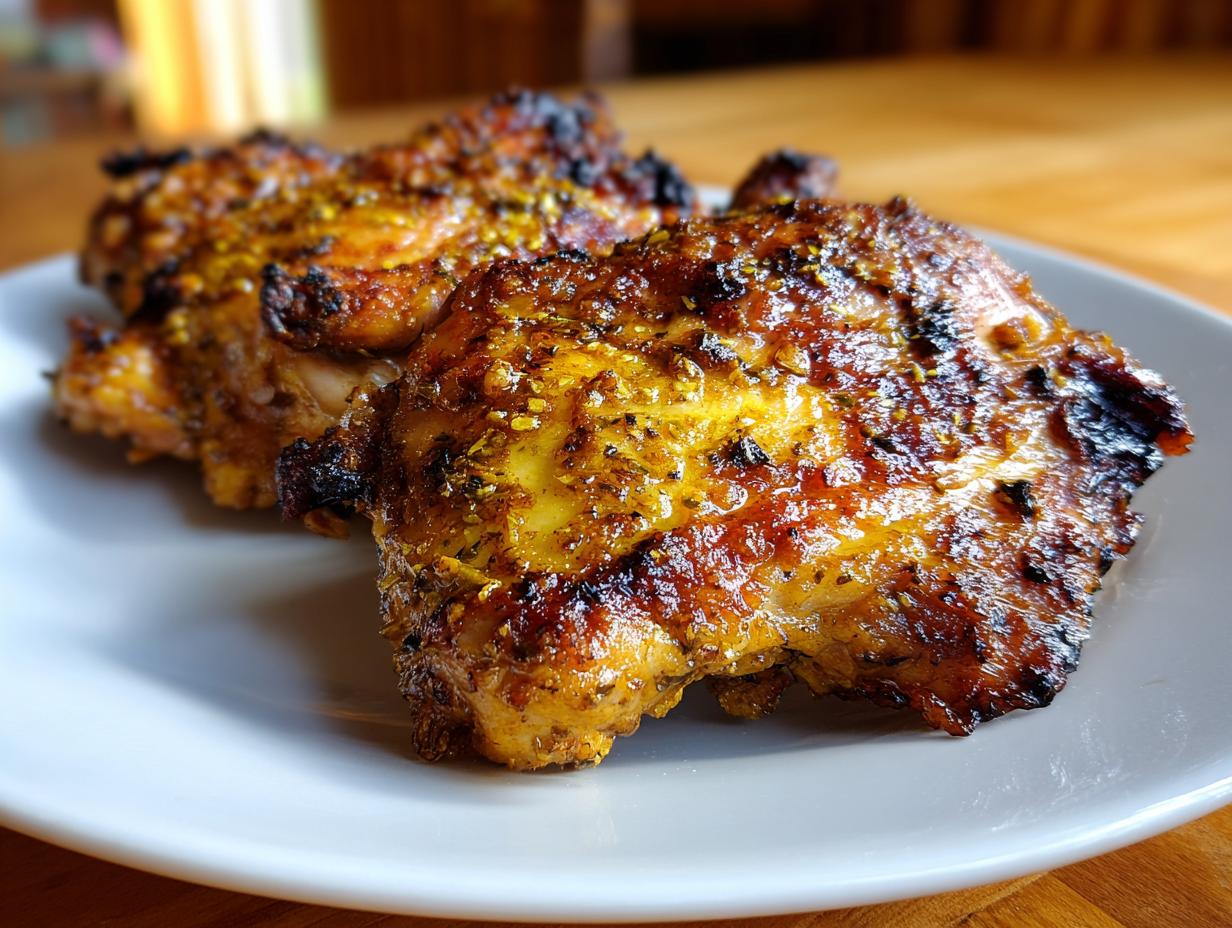 Close-up of two juicy, grilled marinated chicken thighs with a golden-brown, caramelized glaze.