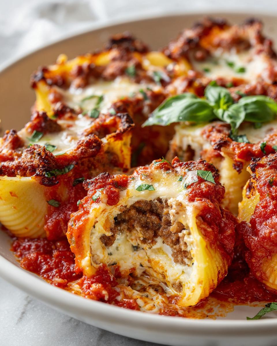 A close-up view of baked stuffed pasta shells overflowing with meat and cheese filling, covered in marinara sauce.