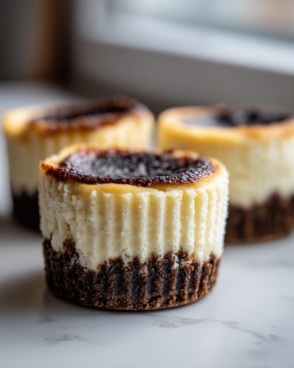A close-up of one perfectly formed mini cheesecakes with a dark, caramelized top and a dark chocolate crust.