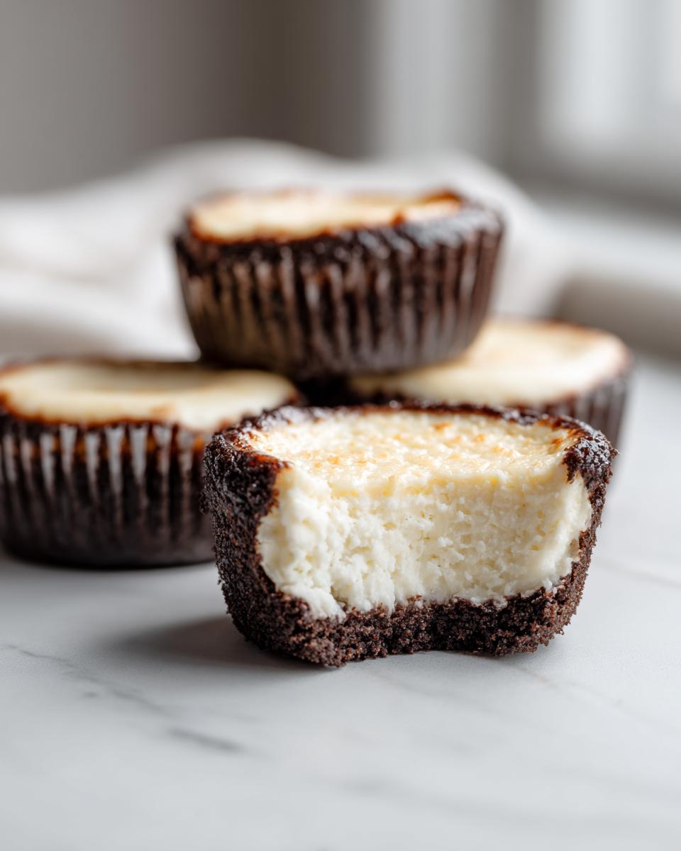Close-up of a mini cheesecakes with a bite taken out, revealing the creamy white filling and dark chocolate crust.