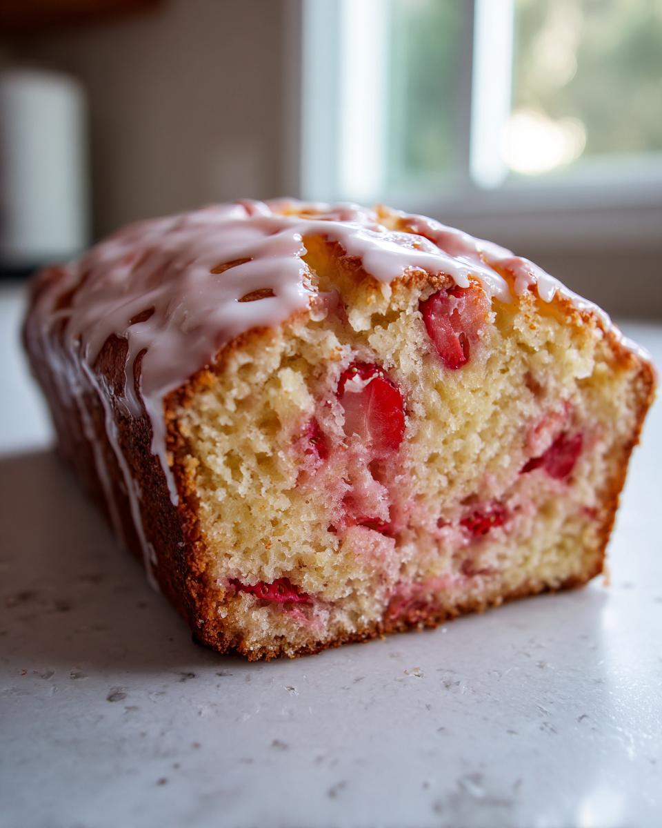 Close-up of a moist loaf of strawberry lemonade bread, showing chunks of strawberry baked inside and drizzled with white glaze.