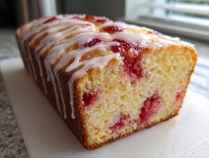 Close-up of a moist strawberry lemonade bread loaf with visible red fruit pieces and a white lemon glaze drizzled over the top.