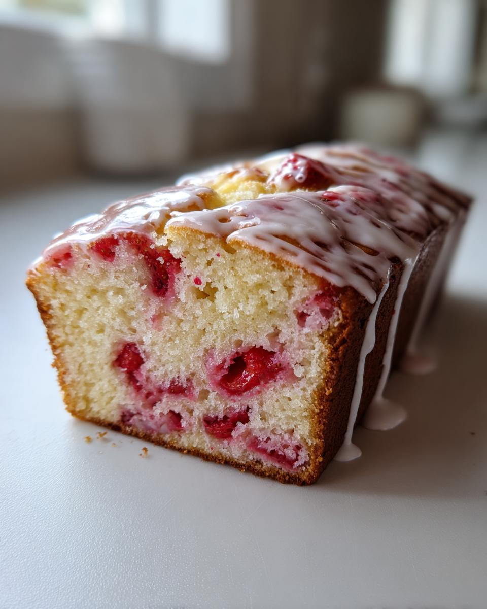 Close-up of a slice of moist strawberry lemonade bread featuring bright red berries baked inside and drizzled with white glaze.