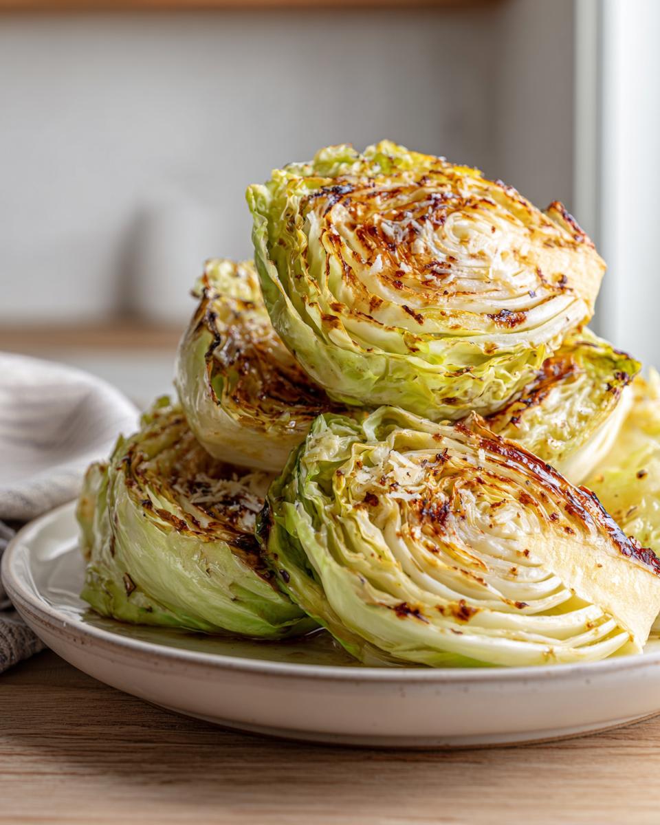Stack of roasted cabbage wedges seasoned for oven garlic cabbage, showing caramelized edges.