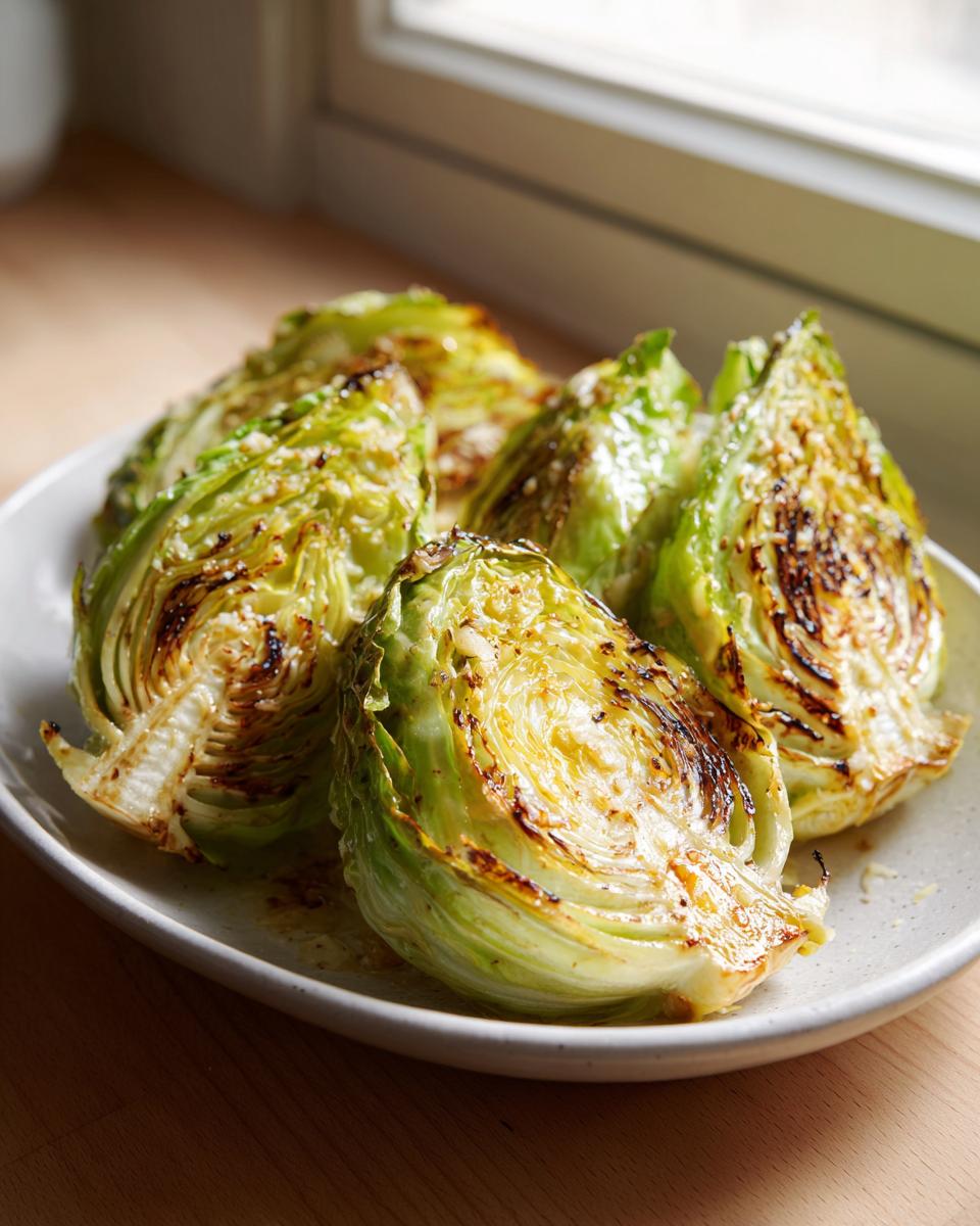 Four wedges of roasted oven garlic cabbage, caramelized and seasoned, served on a white plate.