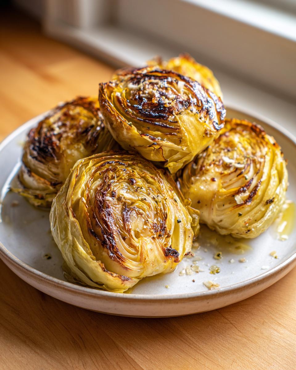 A stack of four beautifully roasted oven garlic cabbage wedges seasoned and glistening on a light-colored plate.
