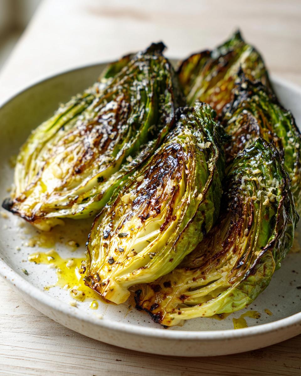 Four wedges of roasted oven garlic cabbage, caramelized and drizzled with garlic oil, served on a rustic plate.