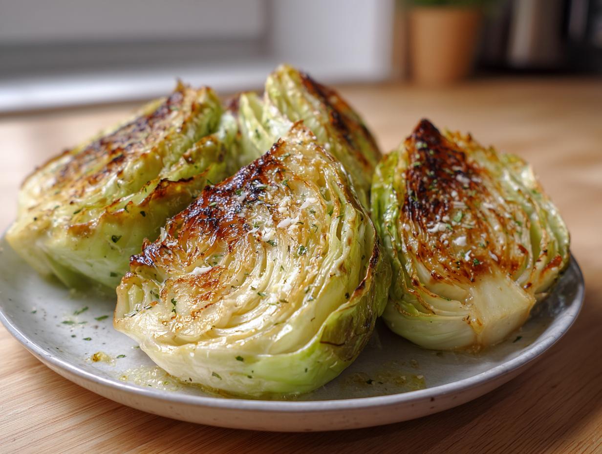 Four wedges of roasted oven garlic cabbage seasoned with herbs and browned on top, served on a light plate.