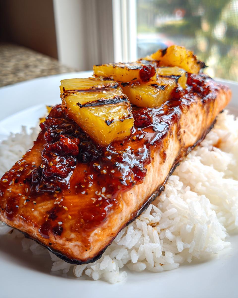 Close-up of a glazed pineapple salmon fillet topped with grilled pineapple chunks, served over a bed of fluffy white rice.