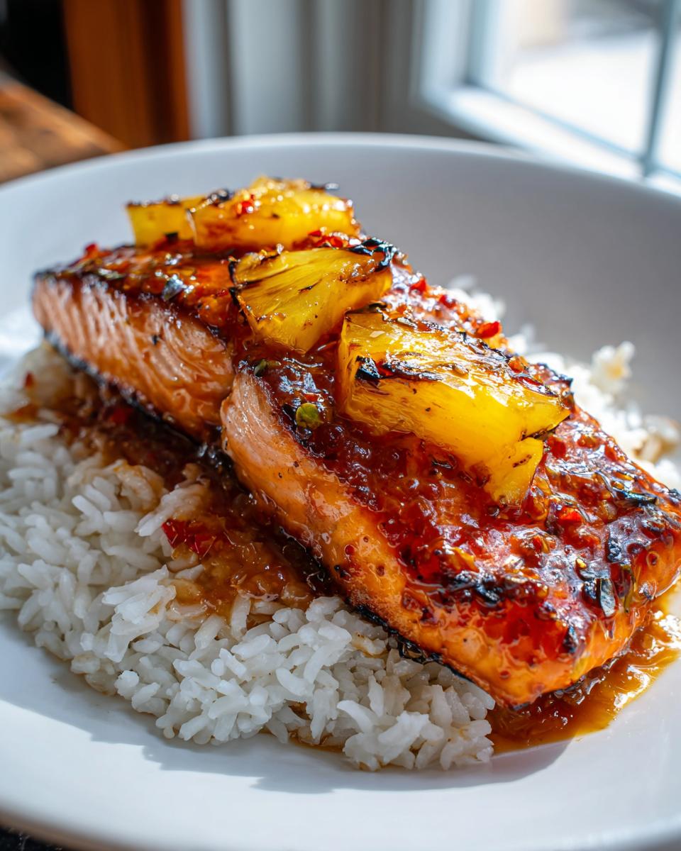 Close-up of a glazed pineapple salmon fillet served over fluffy white rice, topped with caramelized pineapple chunks.