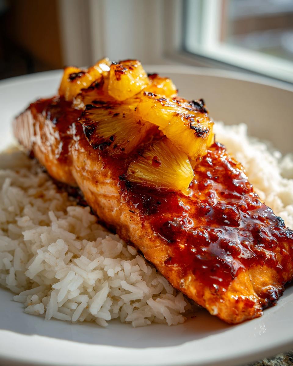Close-up of a glazed pineapple salmon fillet topped with caramelized pineapple chunks, served on a bed of white rice.