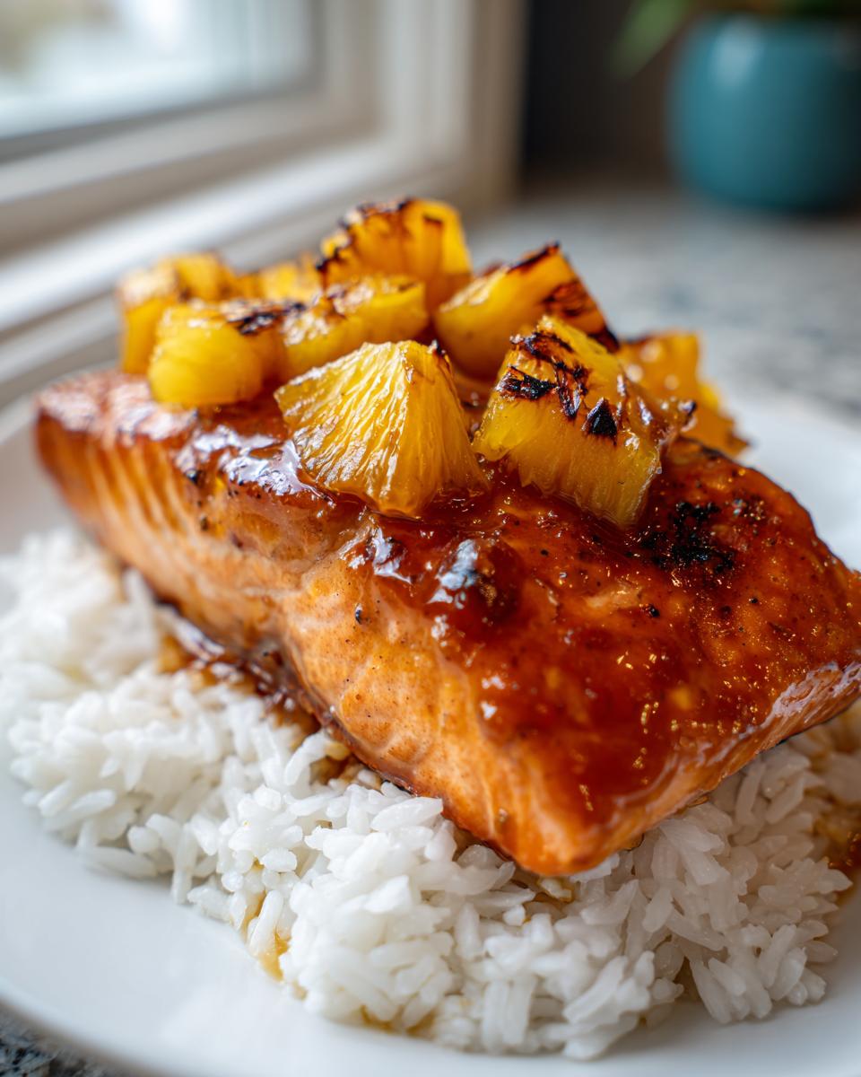 Close-up of a glazed pineapple salmon fillet served on a bed of fluffy white rice.