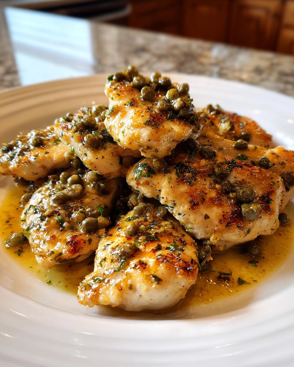 A stack of golden-brown chicken piccata pieces generously topped with capers and lemon-butter sauce.
