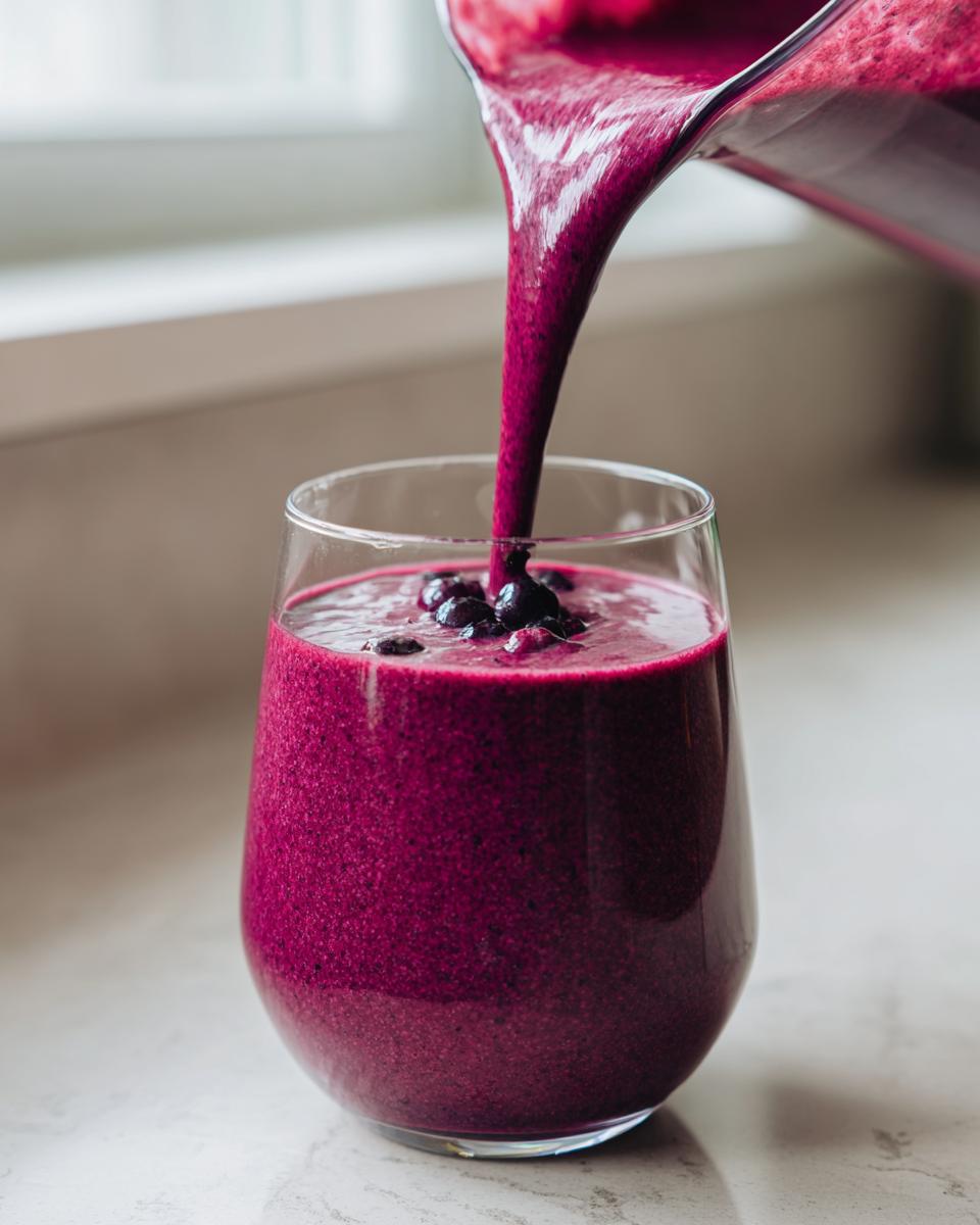 Pouring a thick, vibrant purple blueberry yogurt smoothie from a blender into a clear glass.