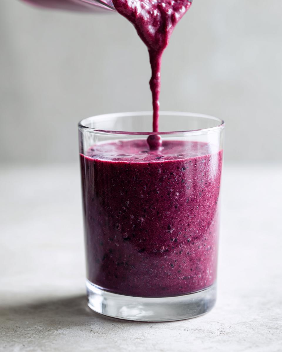Thick, vibrant purple blueberry yogurt smoothie being poured from a blender pitcher into a clear glass.