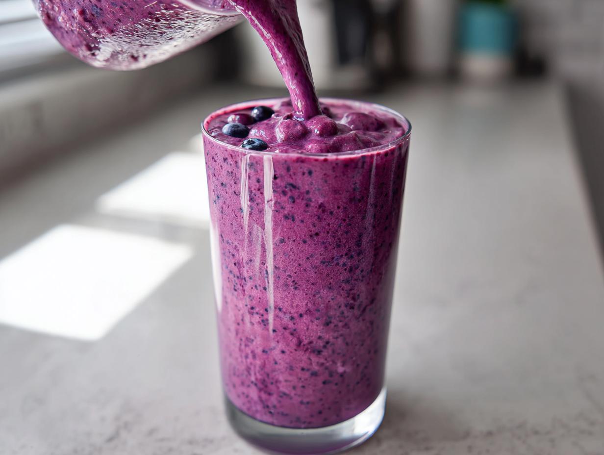 Thick, vibrant purple blueberry yogurt smoothie being poured from a blender pitcher into a tall glass.