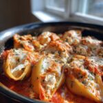Close-up of baked pumpkin and goat cheese stuffed shells covered in tomato sauce and herbs.