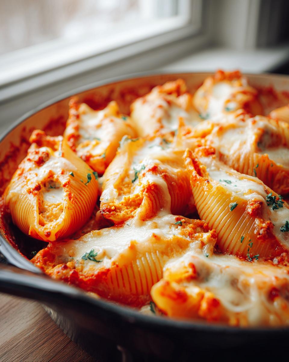 Close-up of baked pumpkin and goat cheese stuffed shells covered in melted mozzarella and tomato sauce.