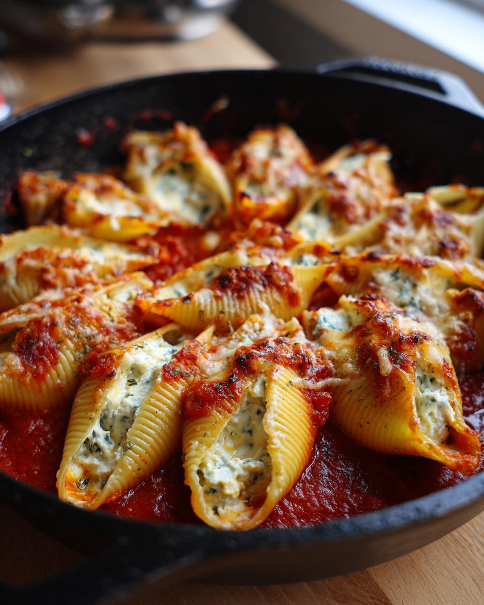 Close-up of baked pumpkin and goat cheese stuffed shells covered in marinara sauce and melted cheese.