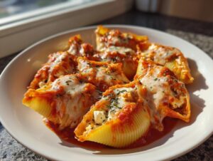 A plate of baked pumpkin and goat cheese stuffed shells covered in marinara sauce and melted mozzarella cheese.