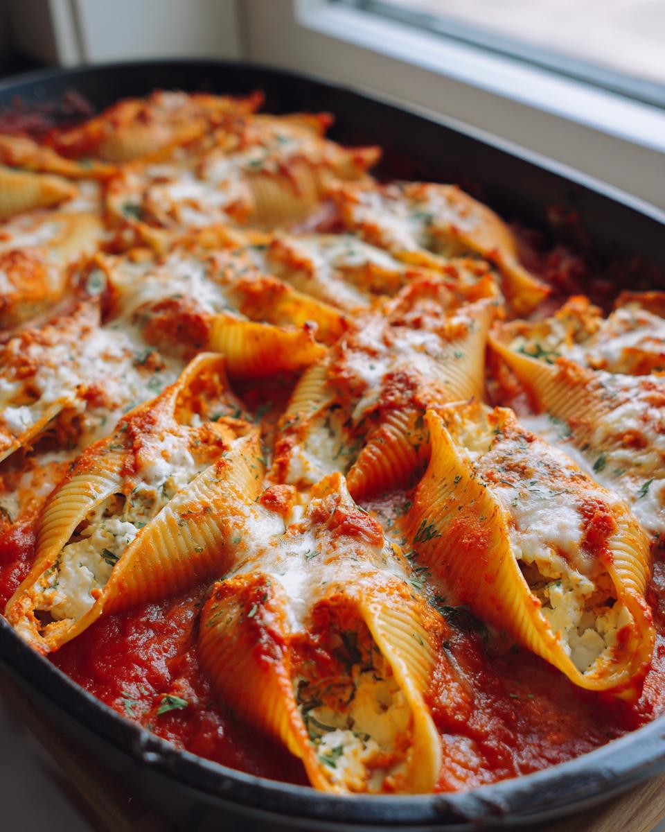 Close-up of baked pumpkin and goat cheese stuffed shells covered in tomato sauce and melted white cheese.