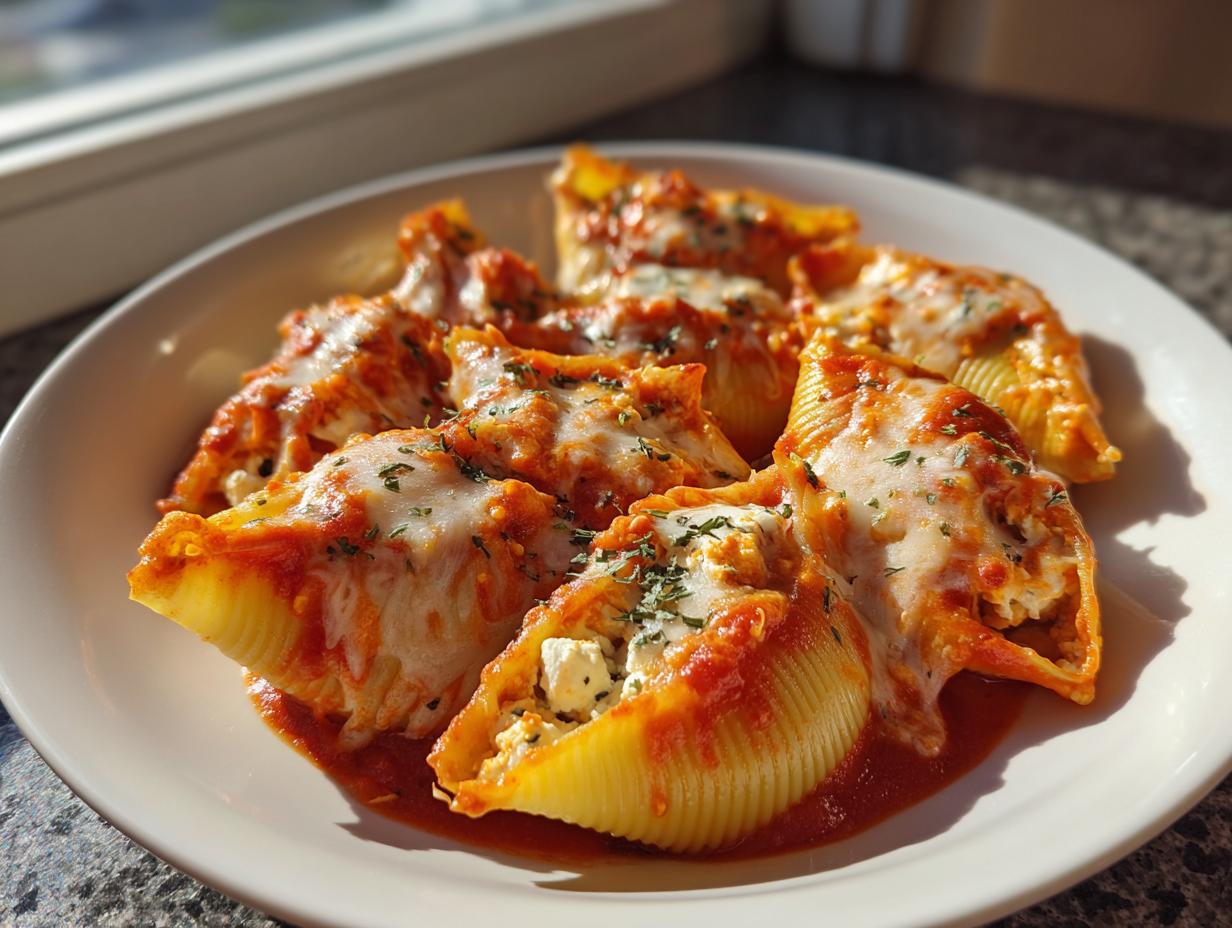 A plate of baked pumpkin and goat cheese stuffed shells covered in marinara sauce and melted mozzarella cheese.