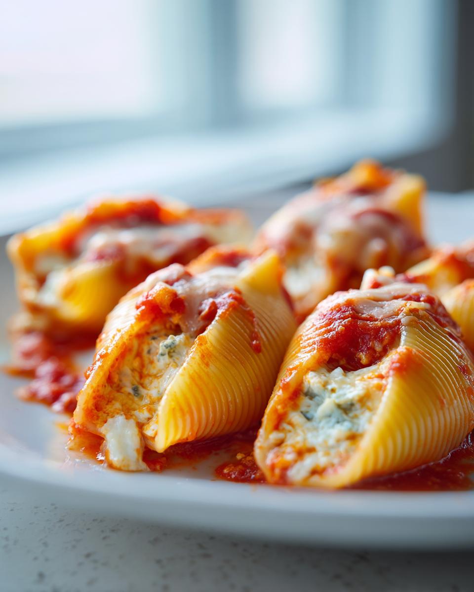 Close-up of baked pasta shells filled with creamy pumpkin and goat cheese mixture, topped with marinara sauce.