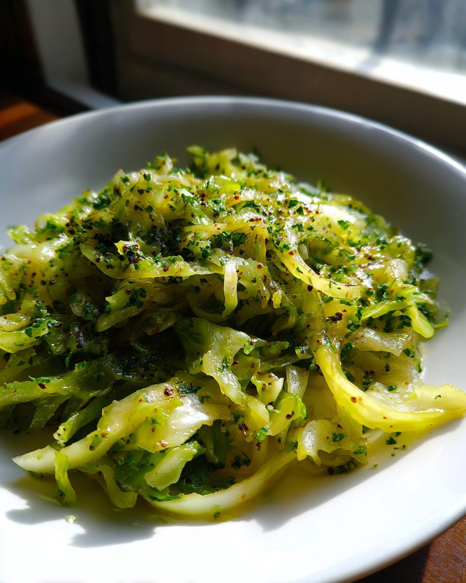 A close-up of a vibrant cabbage saute, glistening with oil and topped with fresh parsley and spices, served in a white bowl.