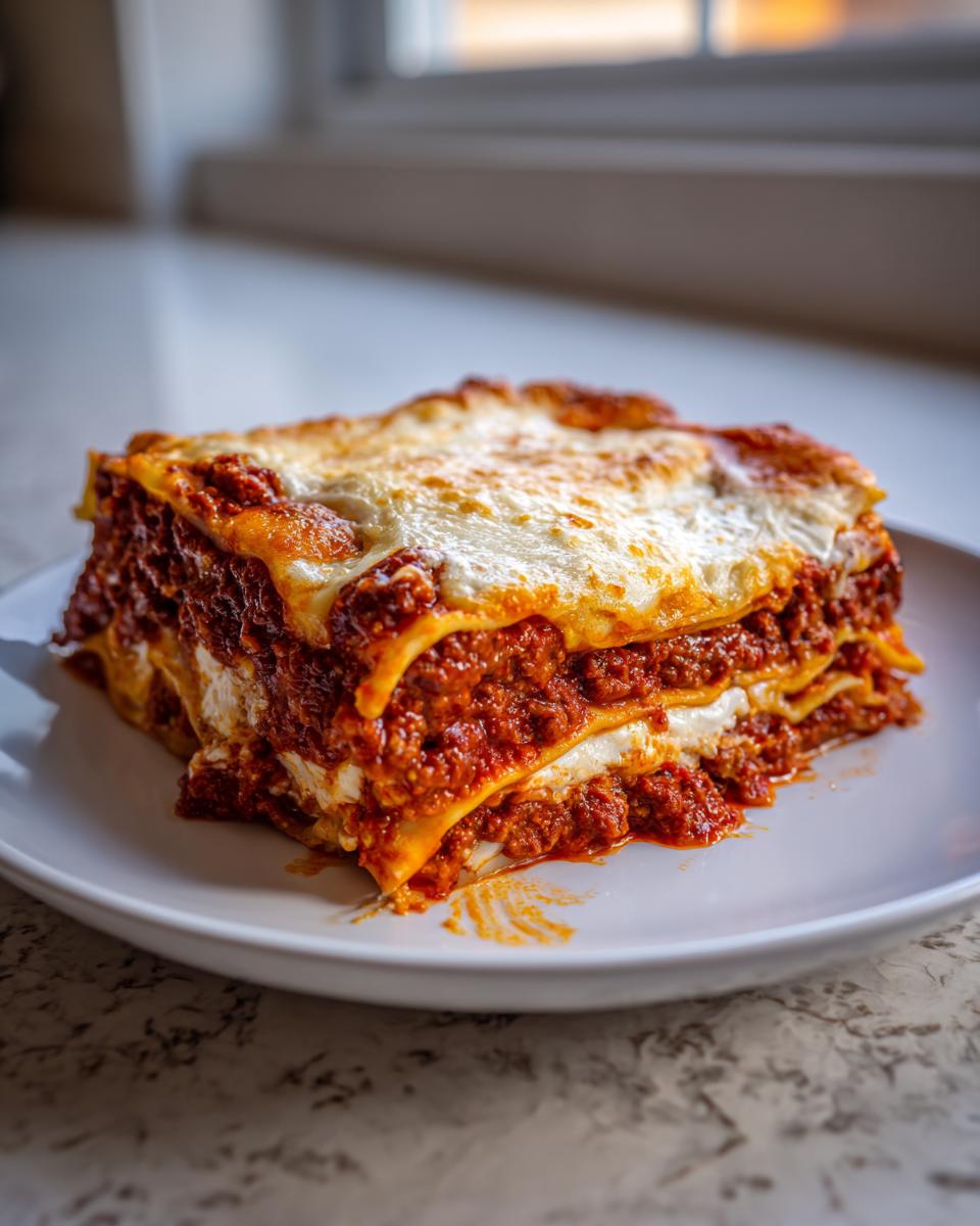 A generous square slice of classic homemade lasagna with rich meat sauce and melted cheese topping on a white plate.