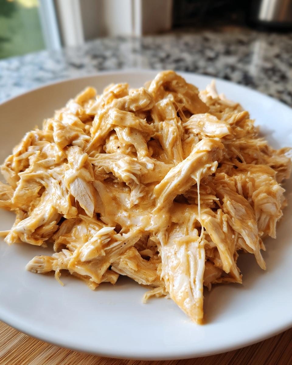 A close-up of shredded chicken coated in a creamy, orange sauce, representing the crockpot olive garden chicken.