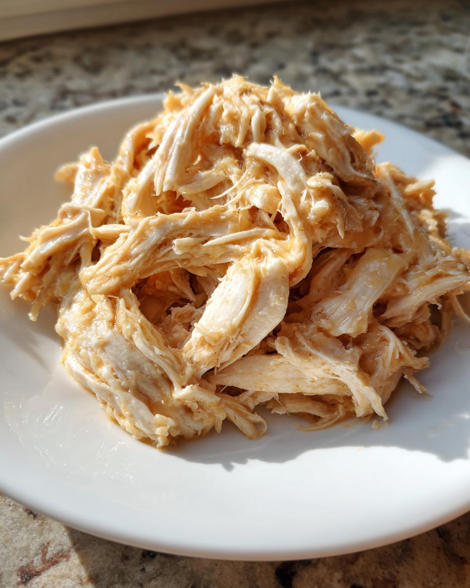 Close-up of shredded, saucy chicken ready for serving, made with crockpot olive garden chicken recipe.