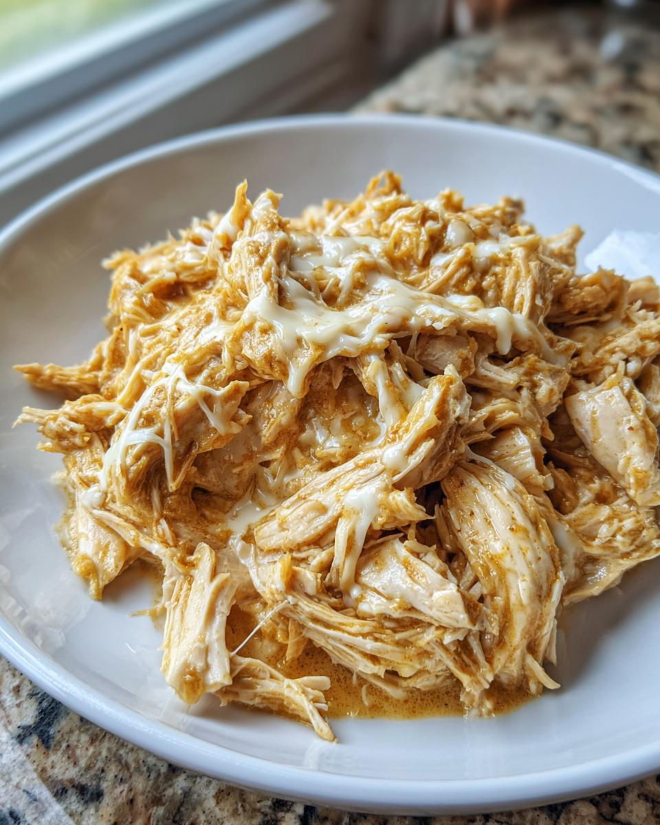 A close-up of shredded crockpot olive garden chicken coated in a creamy sauce and topped with melted white cheese.