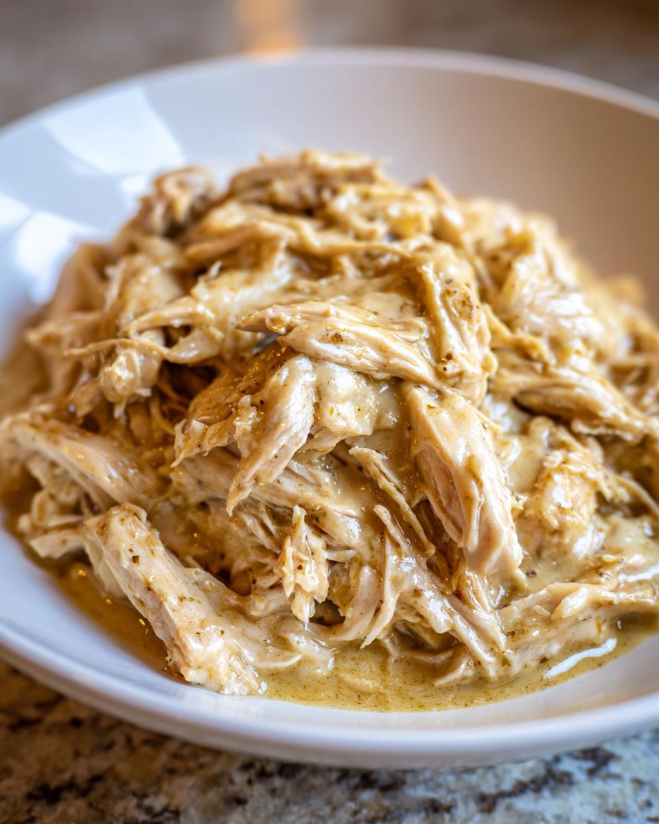 Close-up of shredded crockpot olive garden chicken coated in a creamy, savory sauce served in a white bowl.