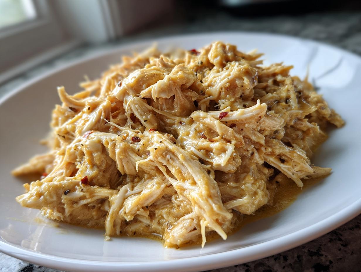 A close-up of creamy, shredded crockpot olive garden chicken served on a white plate.
