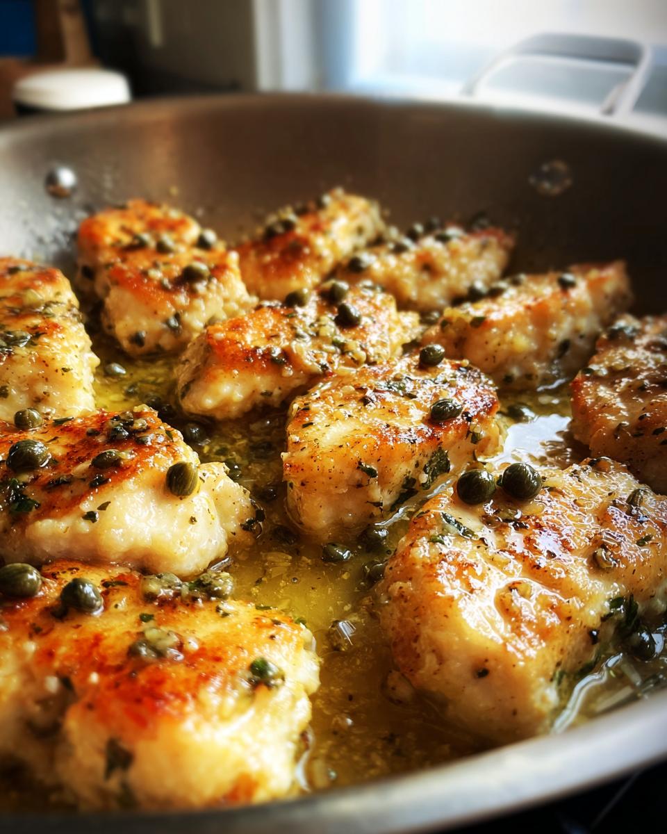 Close-up of golden-brown chicken piccata pieces simmering in a bright lemon butter sauce with capers in a stainless steel skillet.