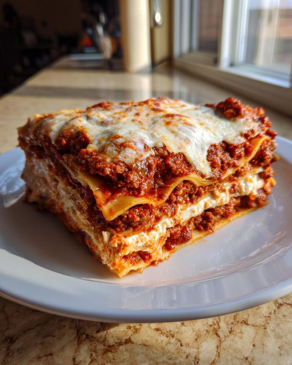 A generous, layered slice of classic homemade lasagna topped with melted mozzarella cheese and rich meat sauce.