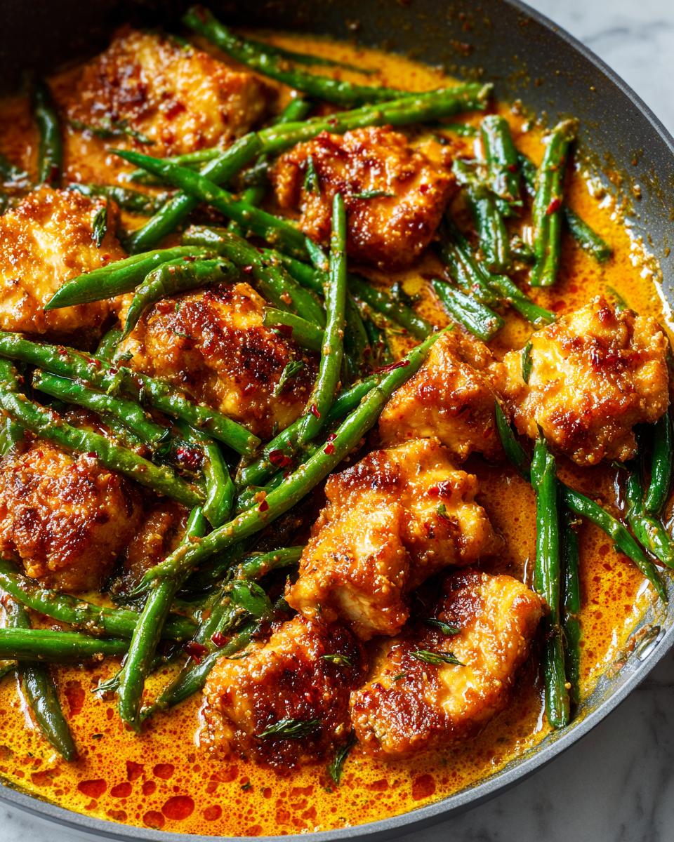 Close-up of spicy garlic butter chicken and green bean skillet in a pan with rich, orange sauce.