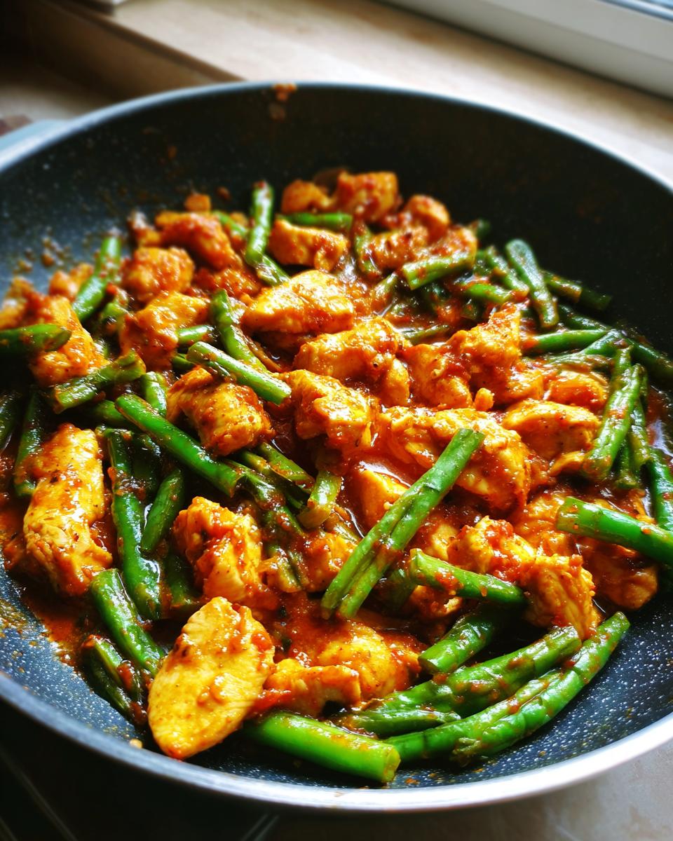 Close-up of spicy garlic butter chicken and green bean skillet cooking in a dark pan.