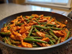 Close-up of spicy garlic butter chicken and green bean skillet cooking in a dark pan with a creamy orange sauce.