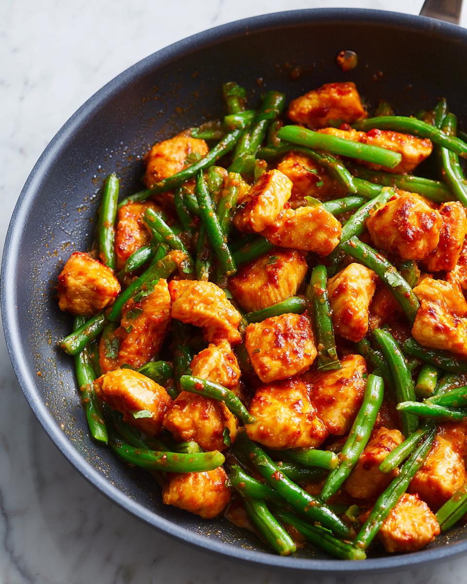 Close-up of spicy garlic butter chicken and green bean skillet cooking in a dark pan.