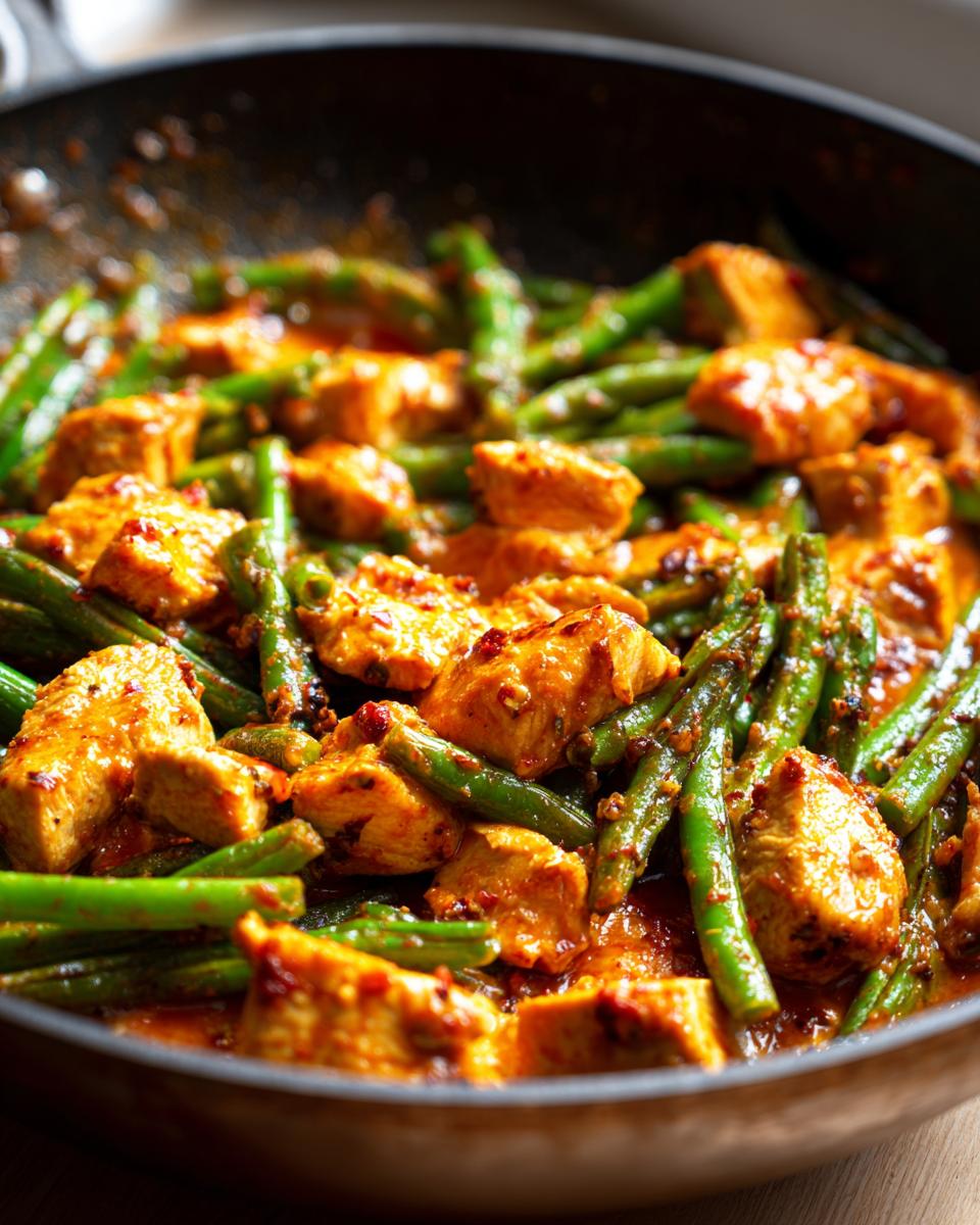 Close-up of spicy garlic butter chicken and green bean skillet cooking in a dark pan.